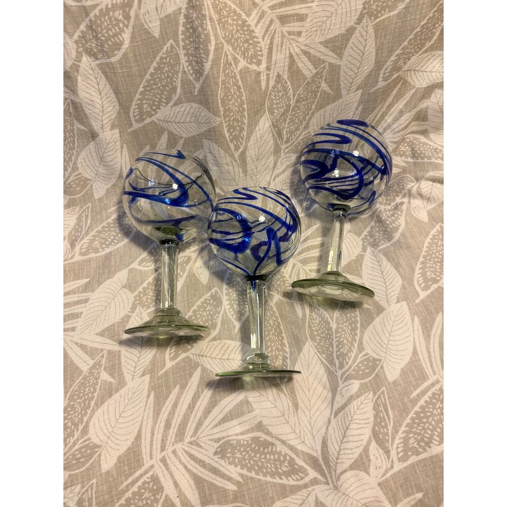 Set of 3 Hand Blown Mexican Cobalt Blue Swirl Wine Glasses Artisan Bubble Glass